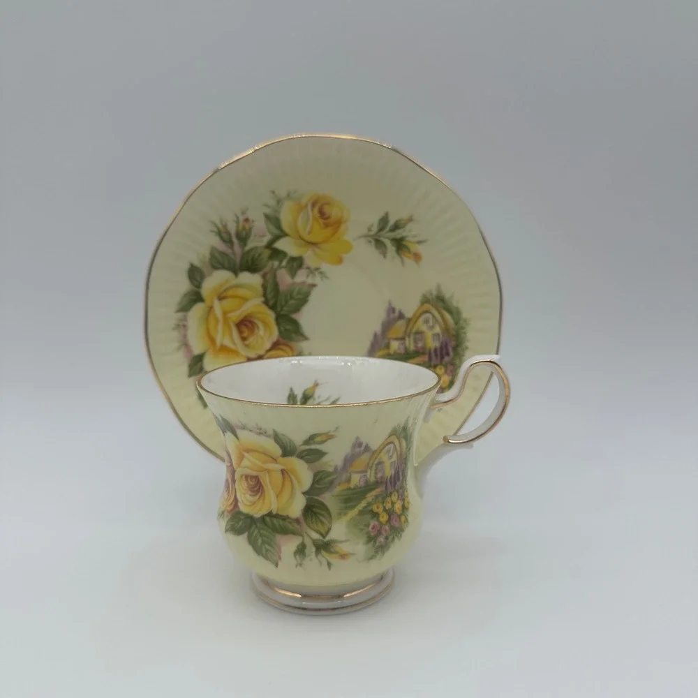 Queen's Rosina Staffordshire Tea Cup Saucer Set Yellow Rose Cottage Bone China